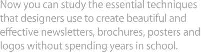 Now you can study the essential techniques that designers use to create beautiful and effective newsletters, brochures, posters, and logos without spending years in school.